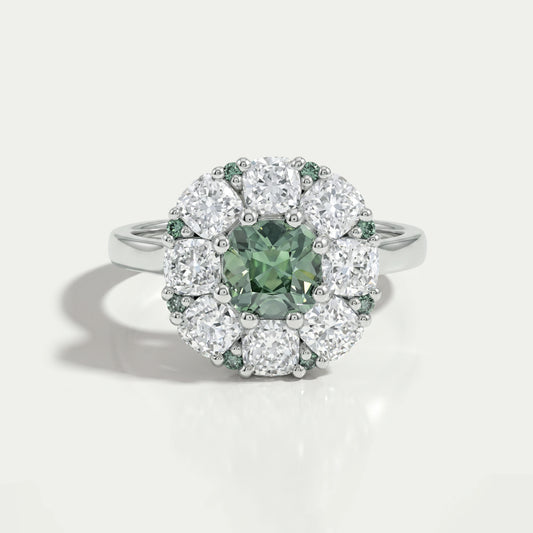 Green Cushion Cut Lab Diamond Halo Engagement Ring Ring