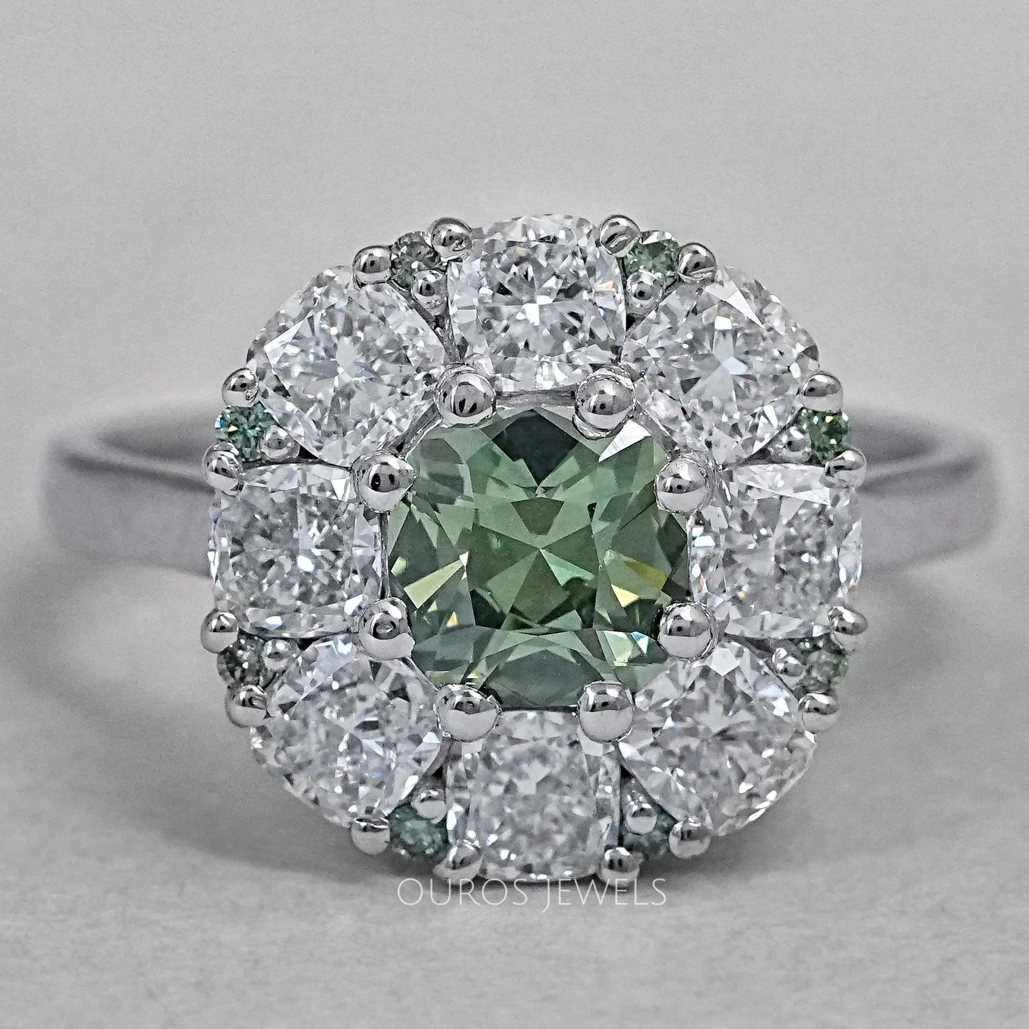 Green Cushion Cut Lab Diamond Halo Engagement Ring Ring