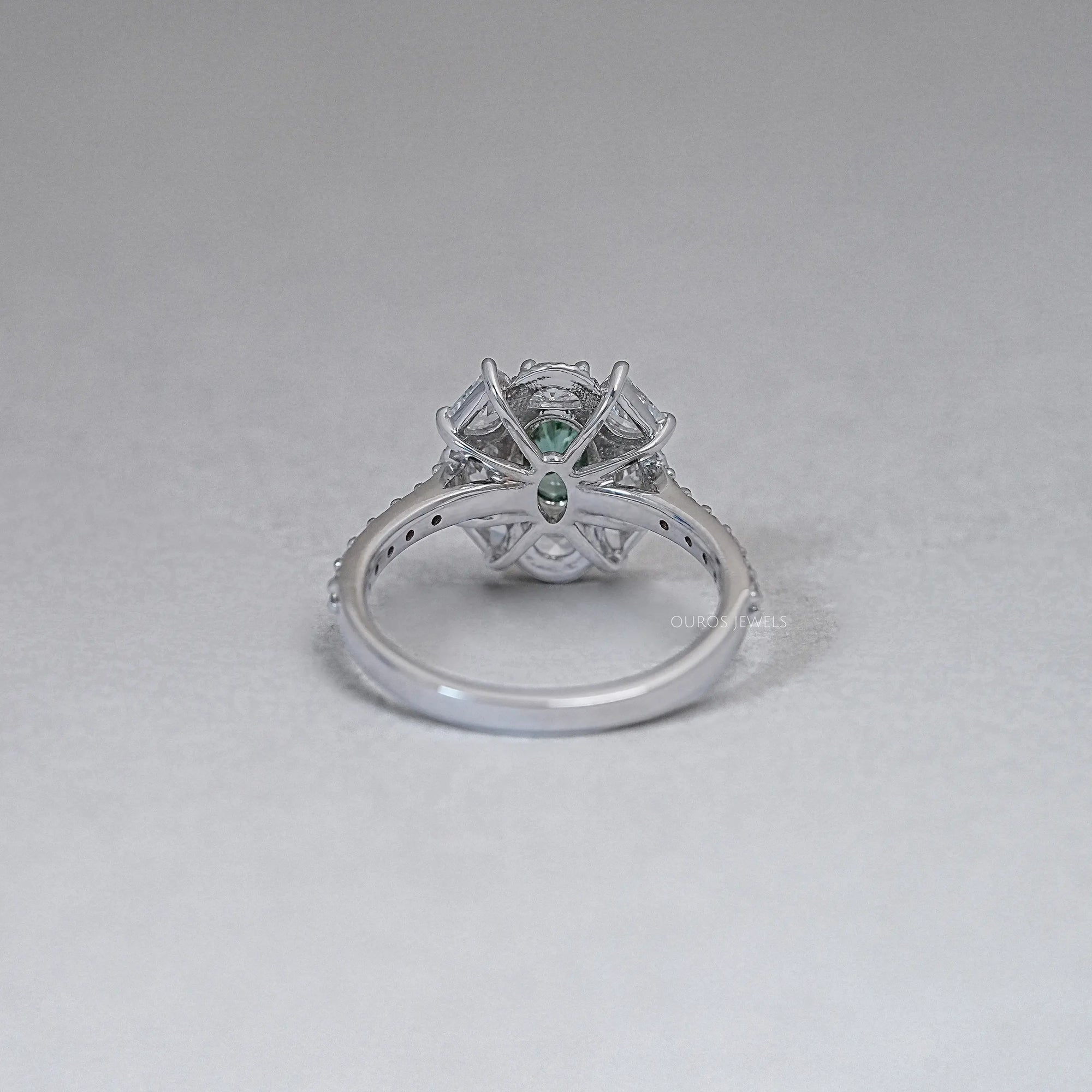 Oval Cut Green Half Moon Halo Engagement Ring Ring