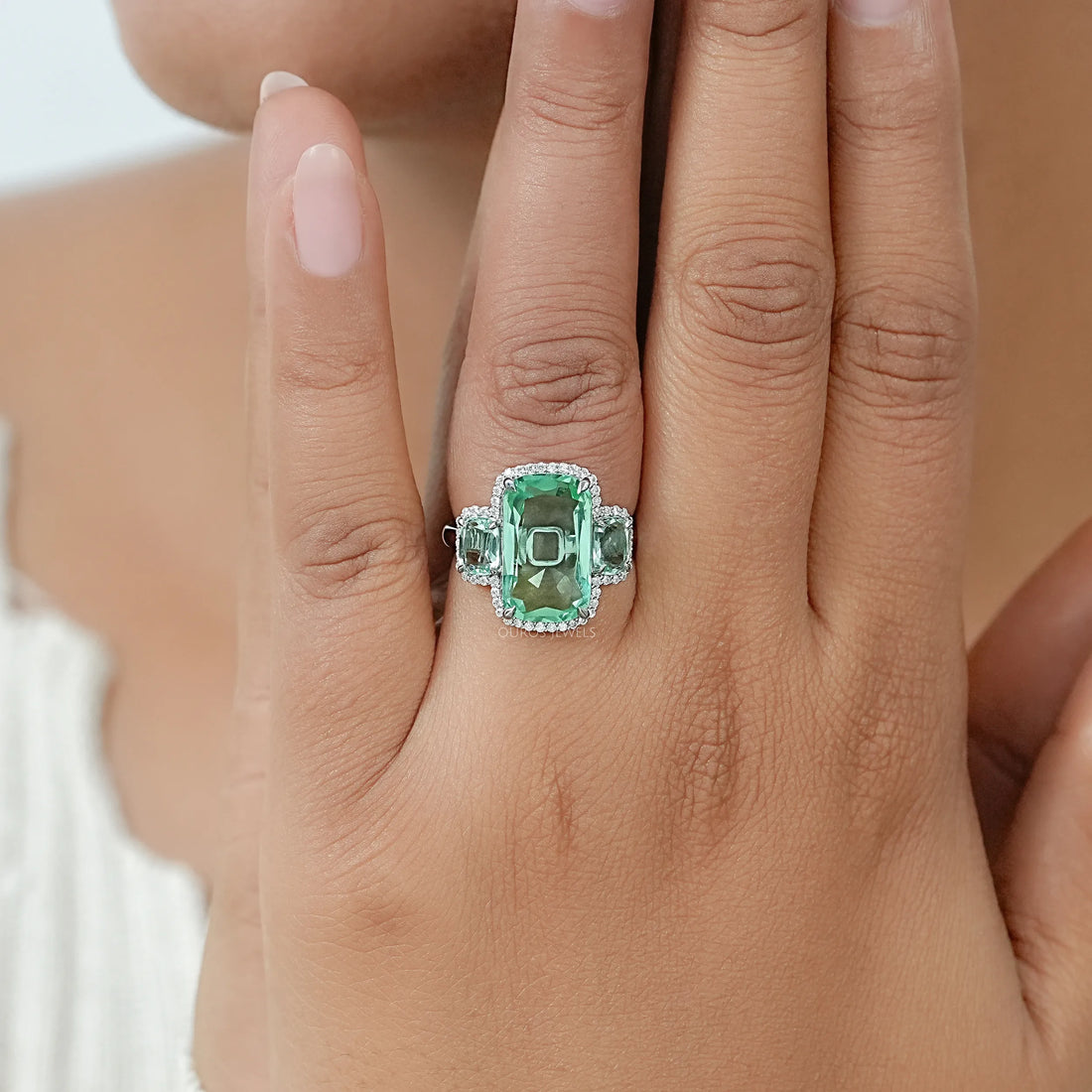 Trilogy Mint Green Cushion Gemstone Halo Ring Ring