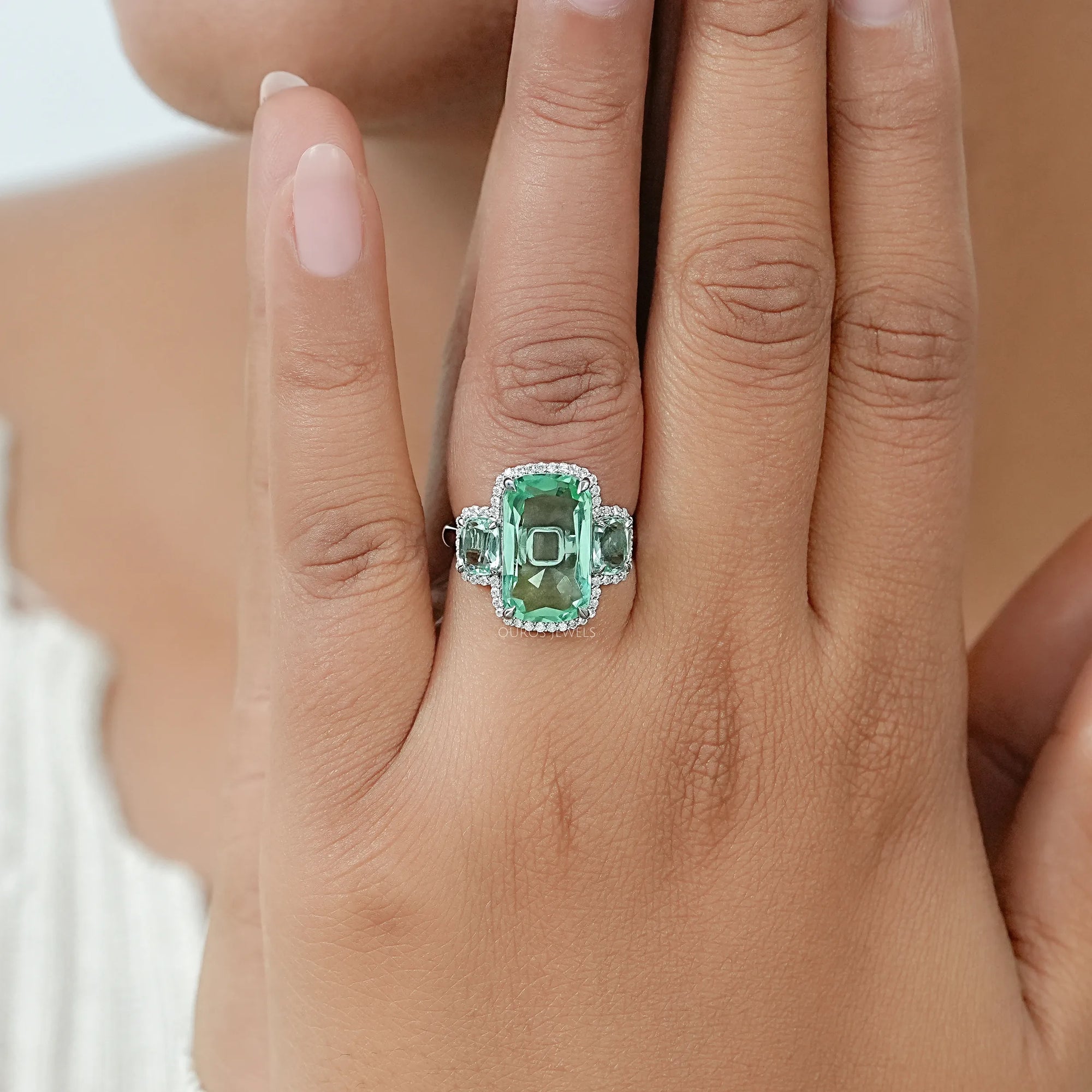 Trilogy Mint Green Cushion Gemstone Halo Ring Ring