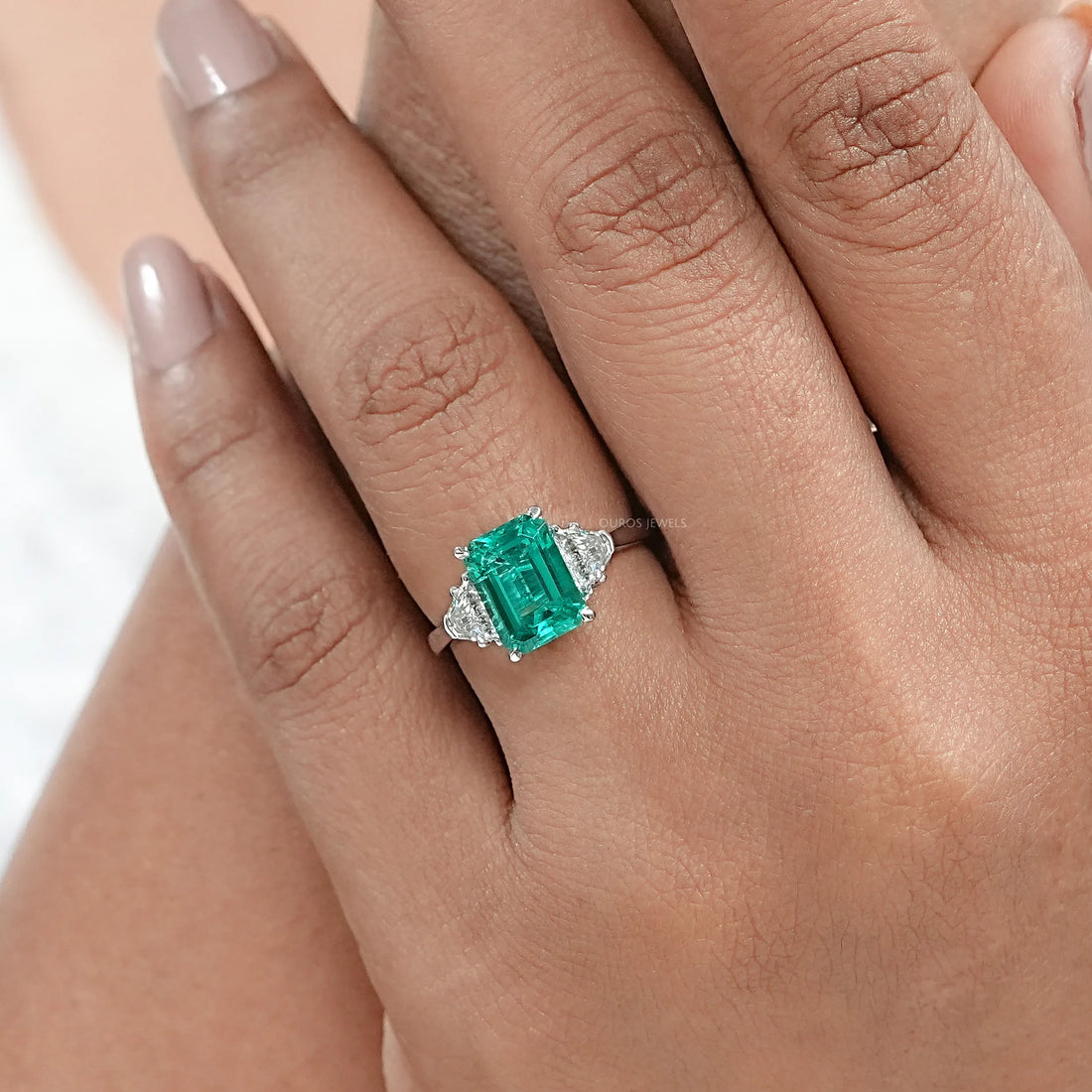 Green Emerald With Antique Diamond Three Stone Ring Ring