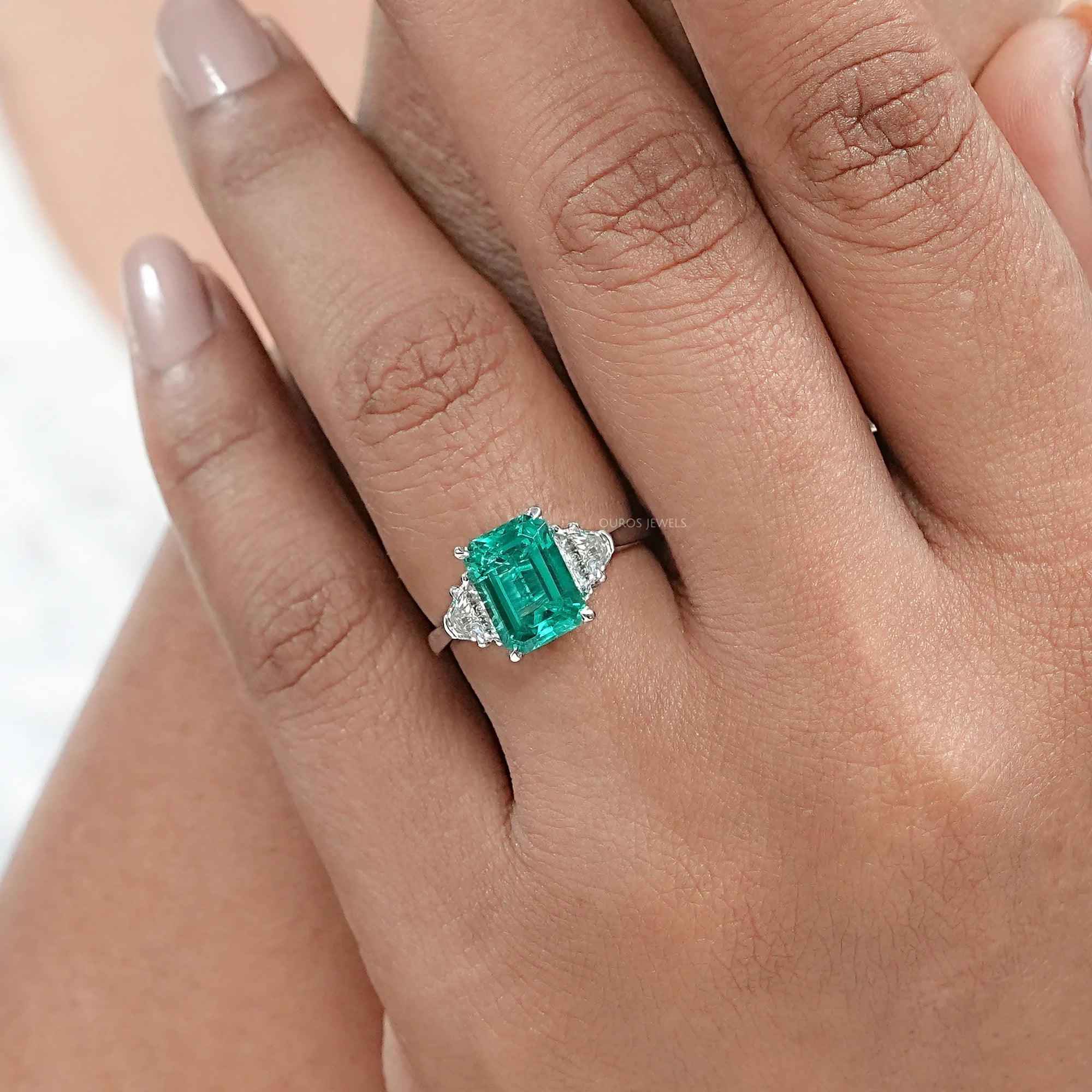 Green Emerald With Antique Diamond Three Stone Ring Ring