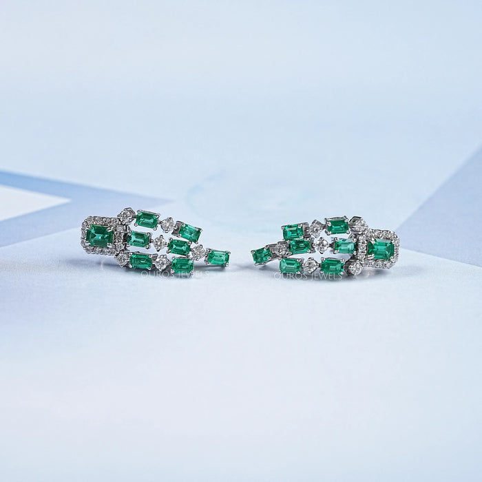 Green Emerald Halo Diamond Chandelier Dangle Earring