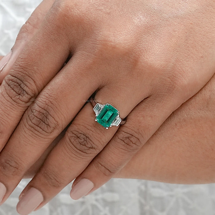 Green Emerald Cut With Trapezoid Diamond Ring