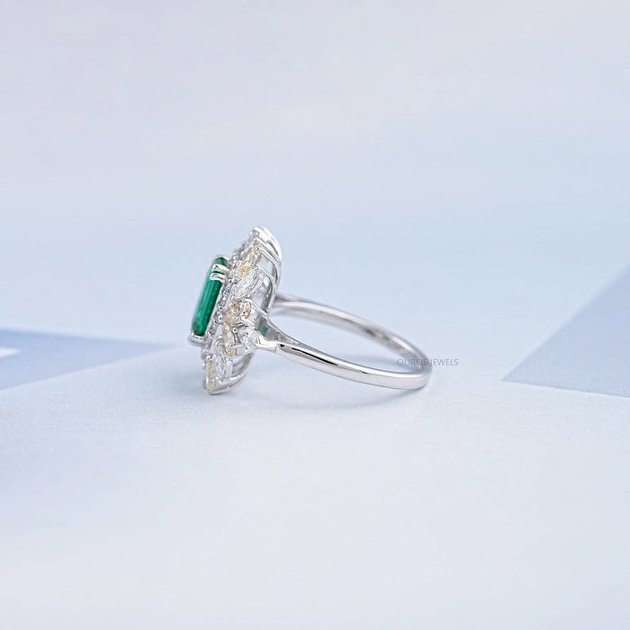 Double Halo Green Emerald Diamond Engagement Ring