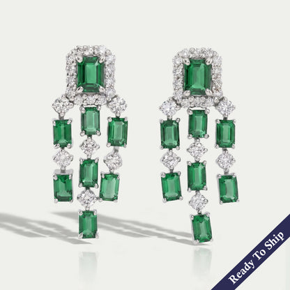 Green Emerald Halo Chandelier Dangle Earrings