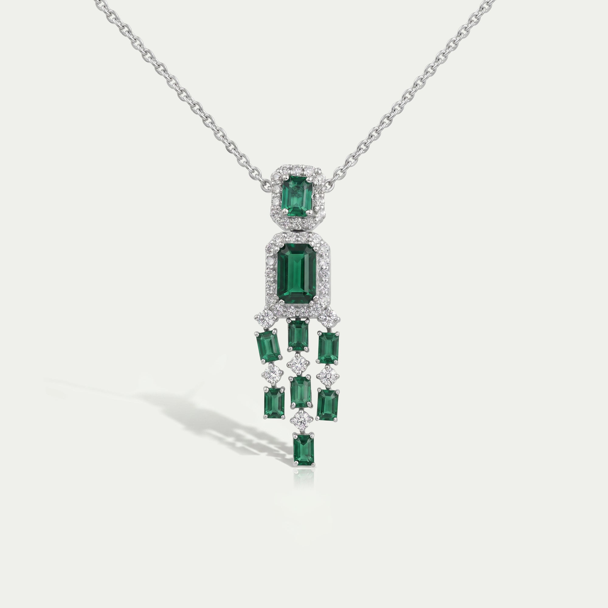 Green Emerald Halo Diamond Chandelier Necklace Set Necklaces