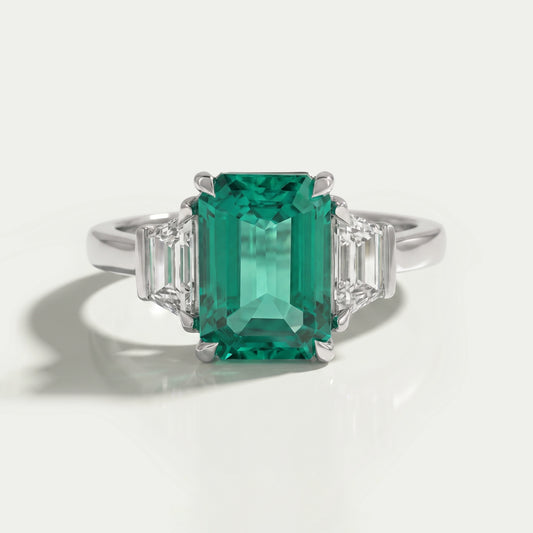 Green Emerald Cut With Trapezoid Diamond Ring Ring