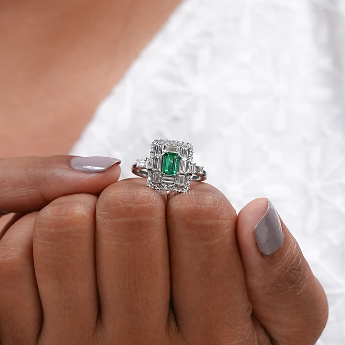 Green Emerald And Lab Diamond Halo Engagement Ring
