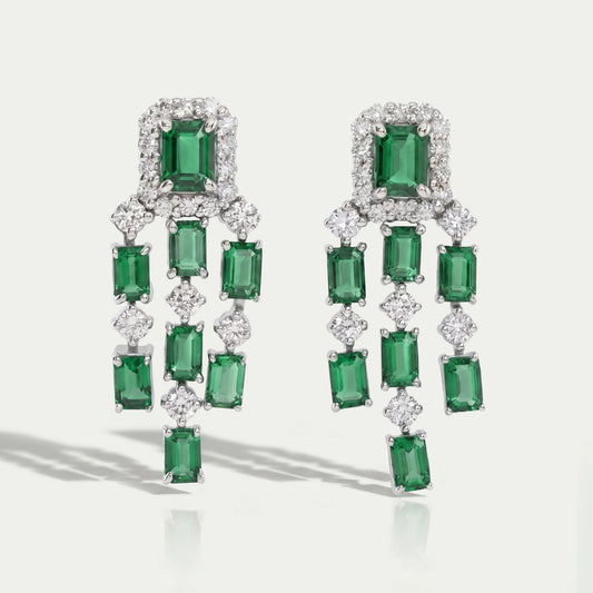 Green Emerald Halo Diamond Chandelier Dangle Earring