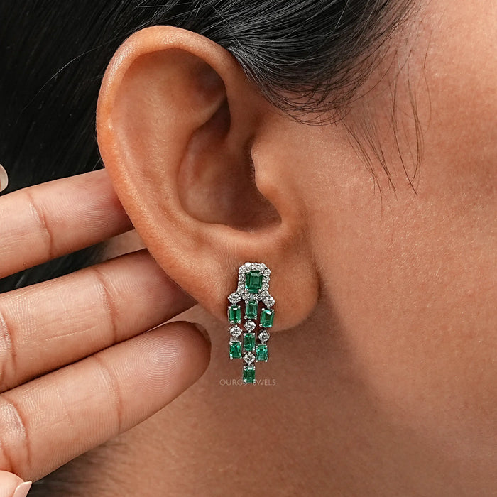 Green Emerald Halo Diamond Chandelier Dangle Earring