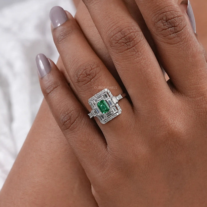 Green Emerald And Lab Diamond Halo Engagement Ring