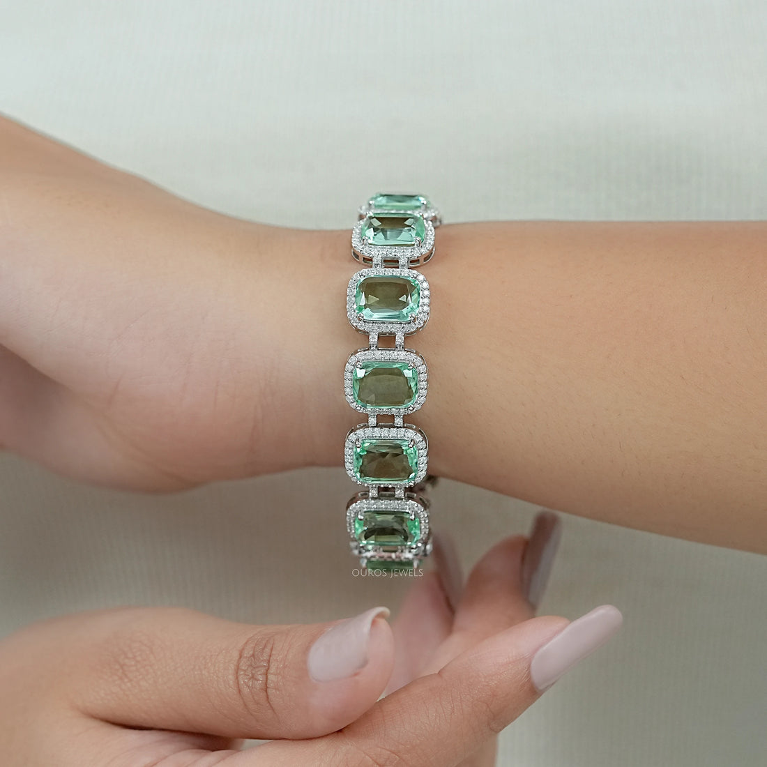 Mint Green Elongated Cushion Gemstone Halo Bracelet Bracelet