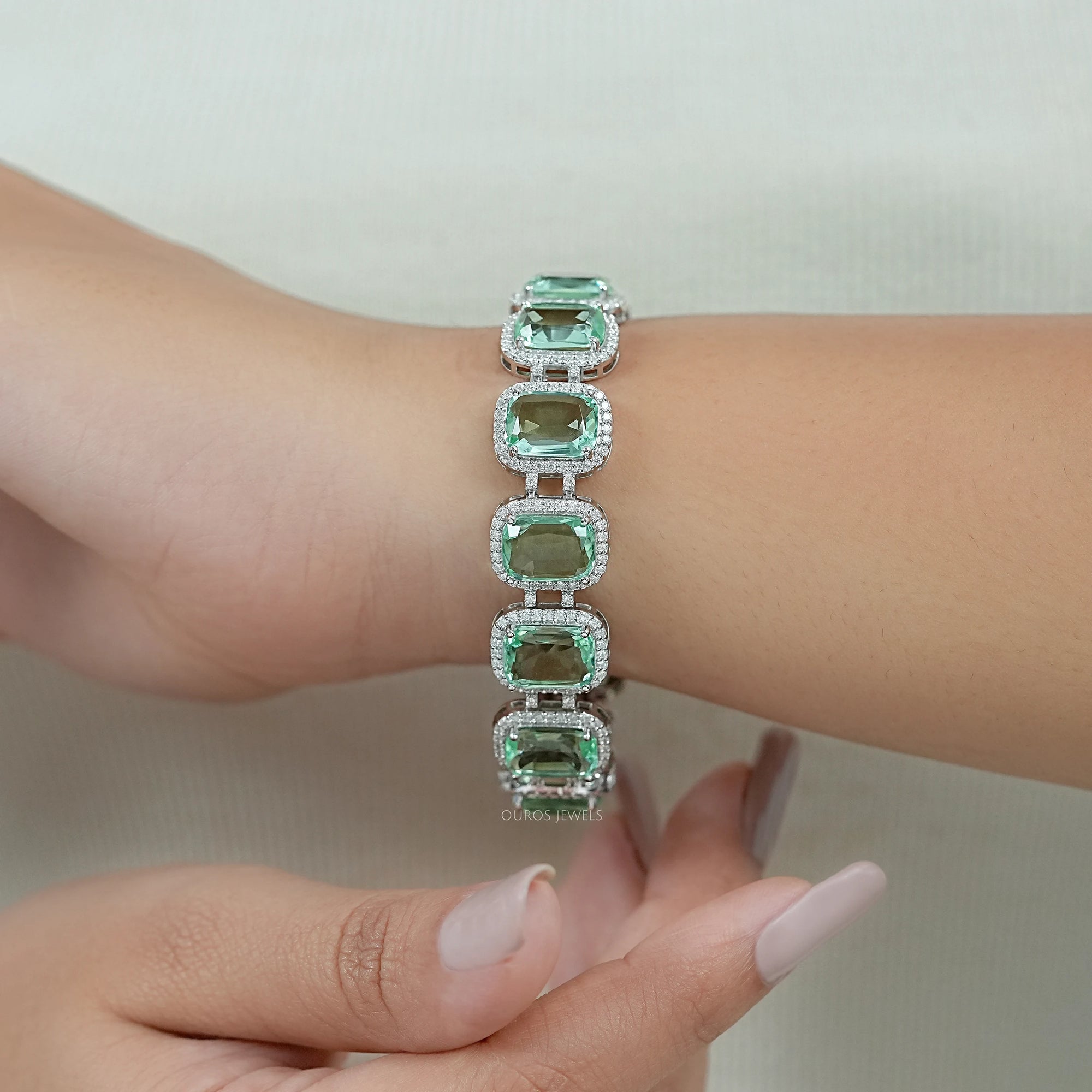 Mint Green Elongated Cushion Gemstone Halo Bracelet Bracelet