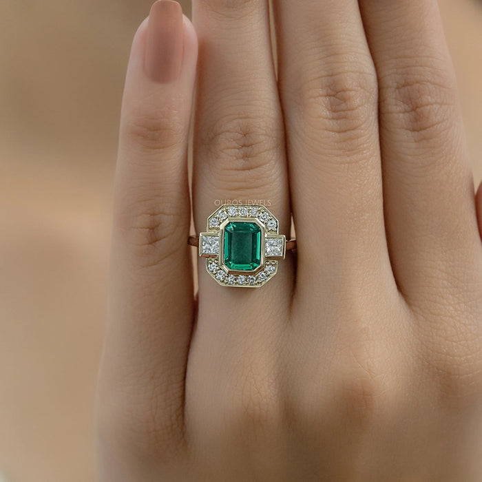 Three Stone Emerald Gemstone Halo Ring Ring