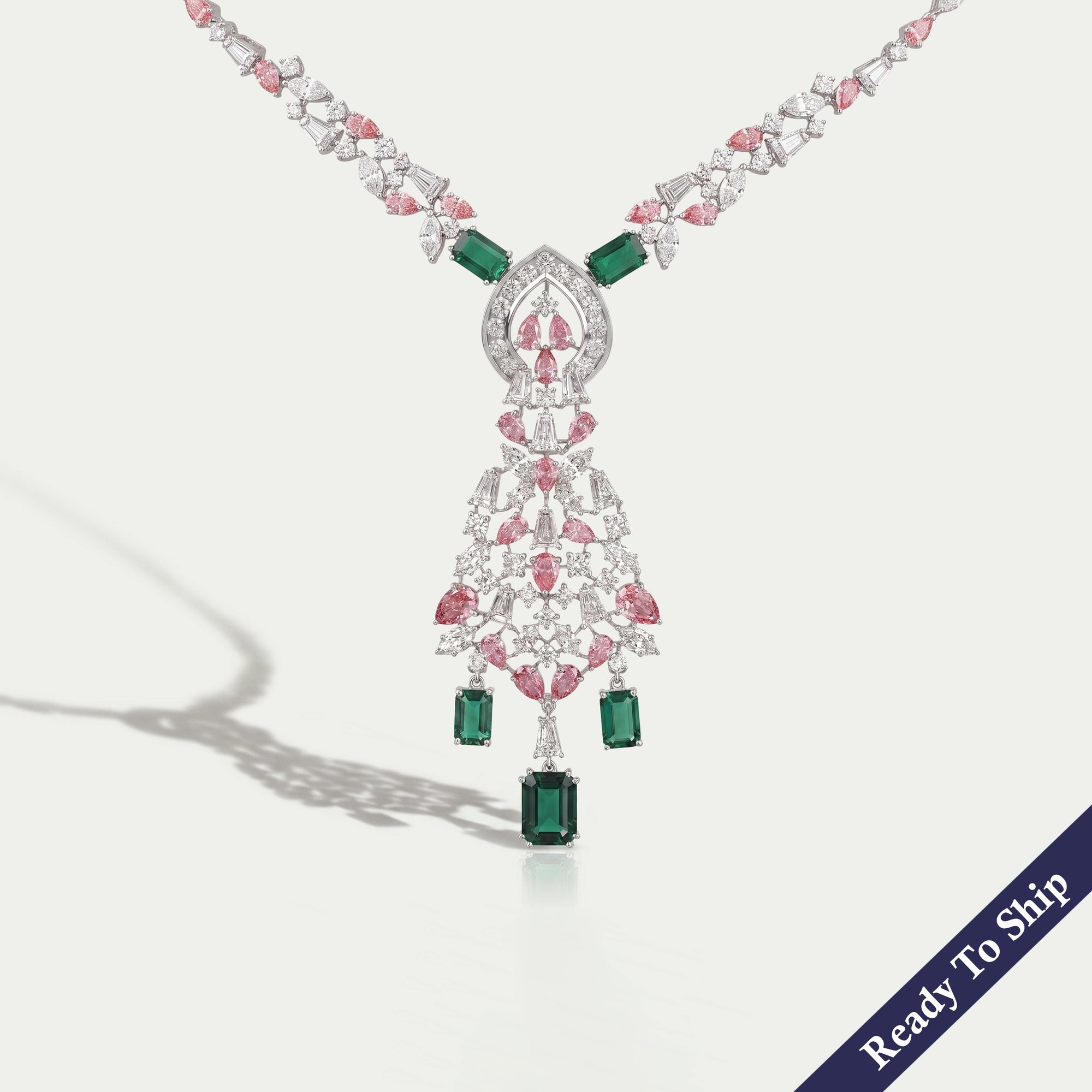 Pink Pear Diamond and Emerald Gemstone Bridal Necklace Necklaces