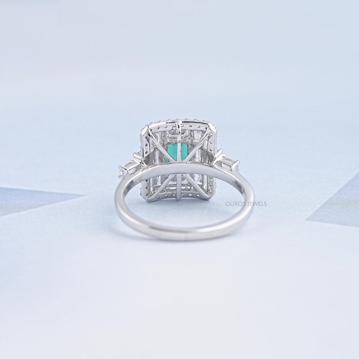 Green Emerald And Lab Diamond Halo Engagement Ring