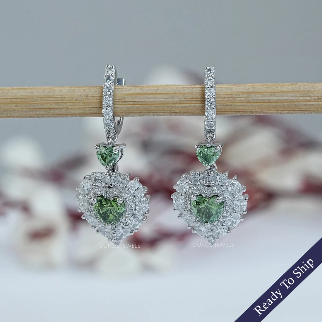 Green Heart Lab Diamond Halo Dangle Earrings Earrings