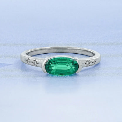 Green East West Oval Gemstone Accent Engagement Ring Ring