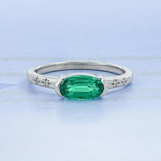 Green East West Oval Gemstone Accent Engagement Ring Ring