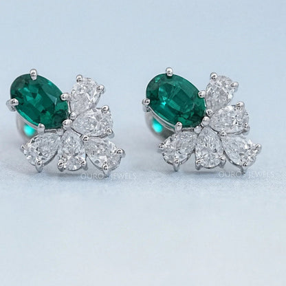 Green Oval And Pear Lab Diamond Floral Stud Earrings Earrings