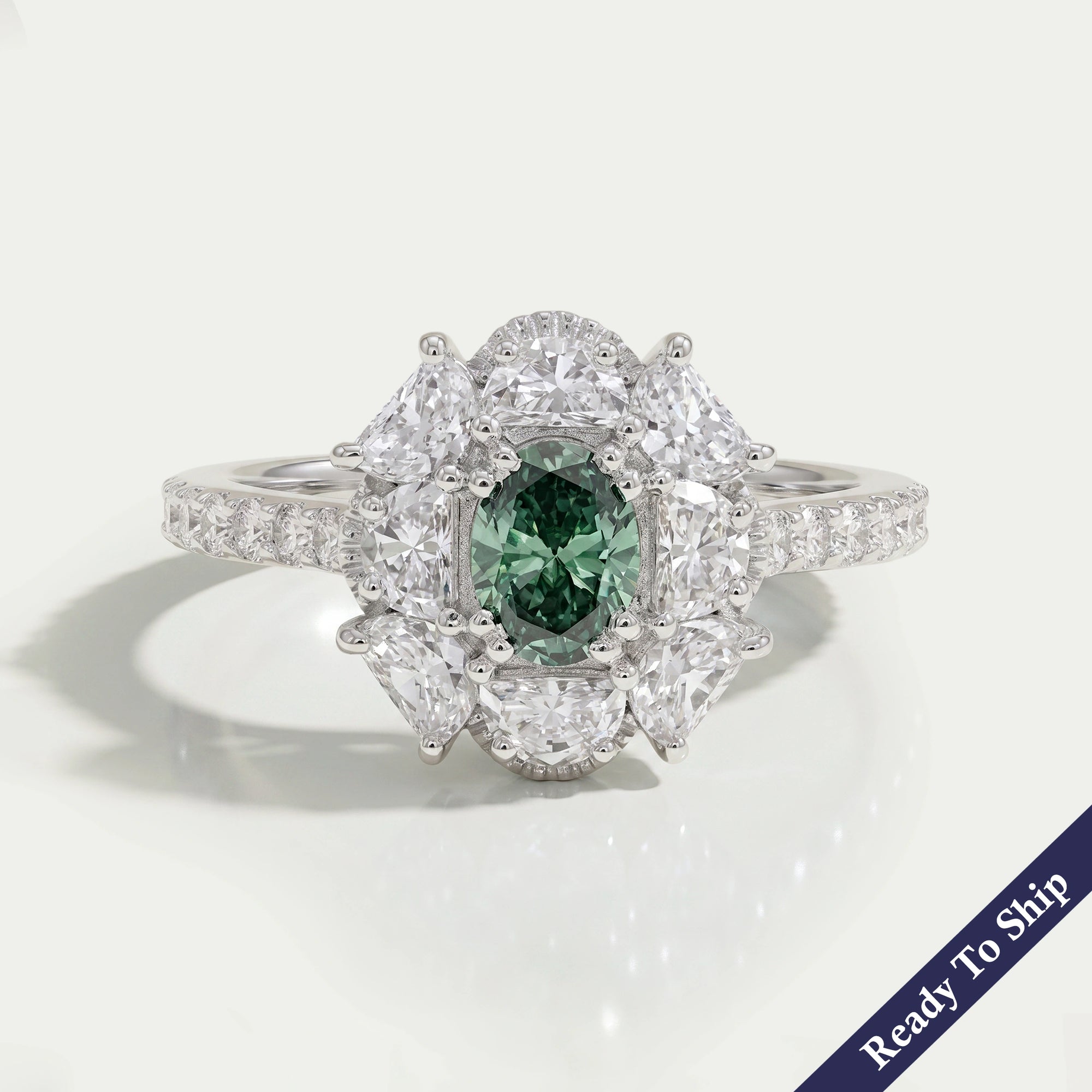 Green Oval Cut Half Moon Halo Engagement Ring Rings