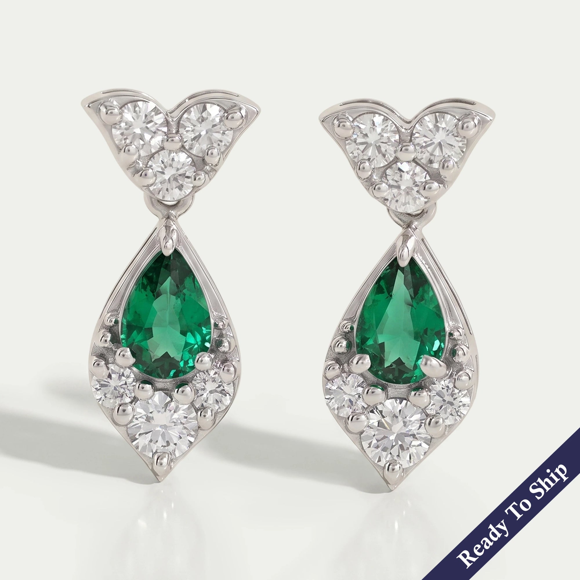 Green Pear And Round Diamond Drop Earrings