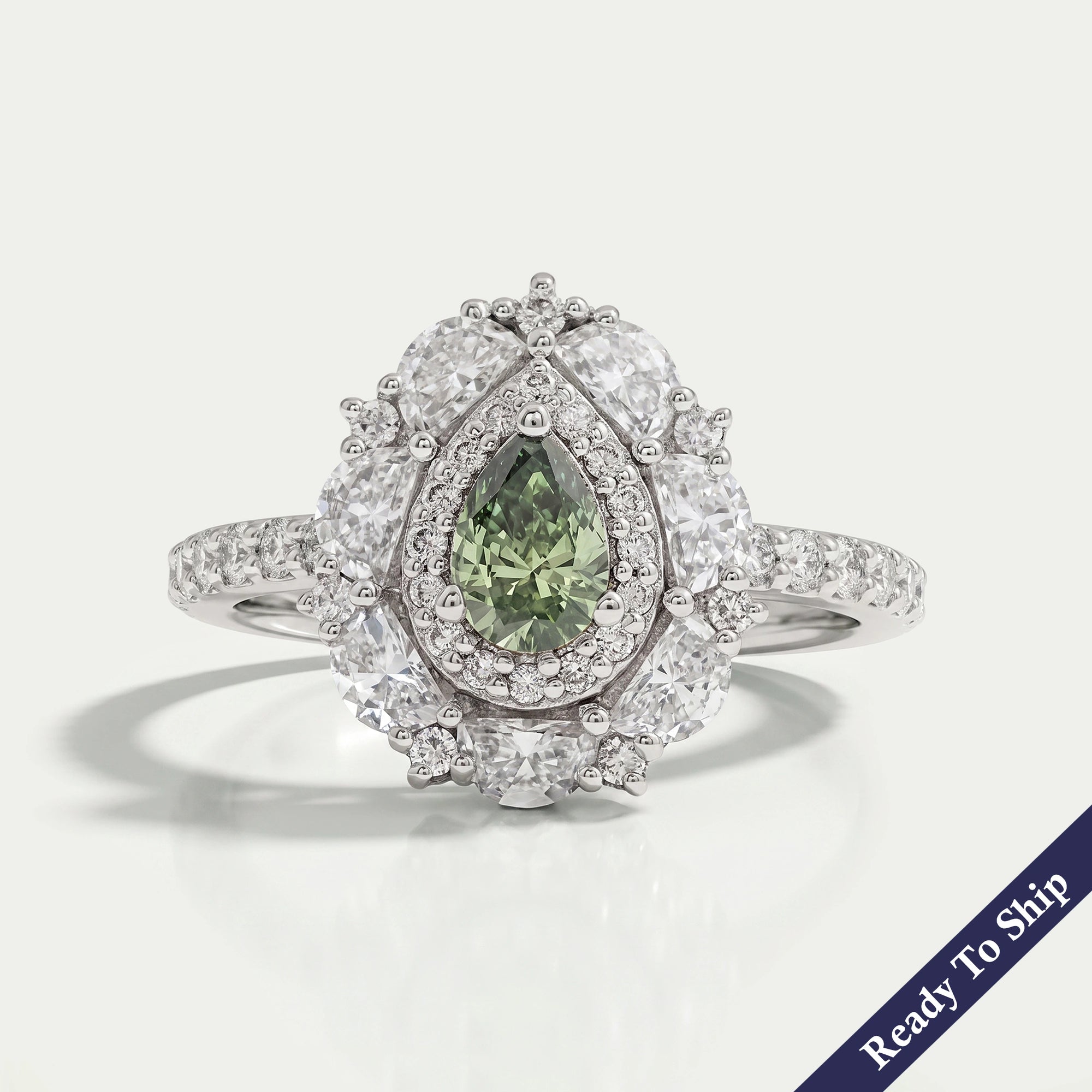 Green Pear Diamond Double Halo Engagement Ring Rings