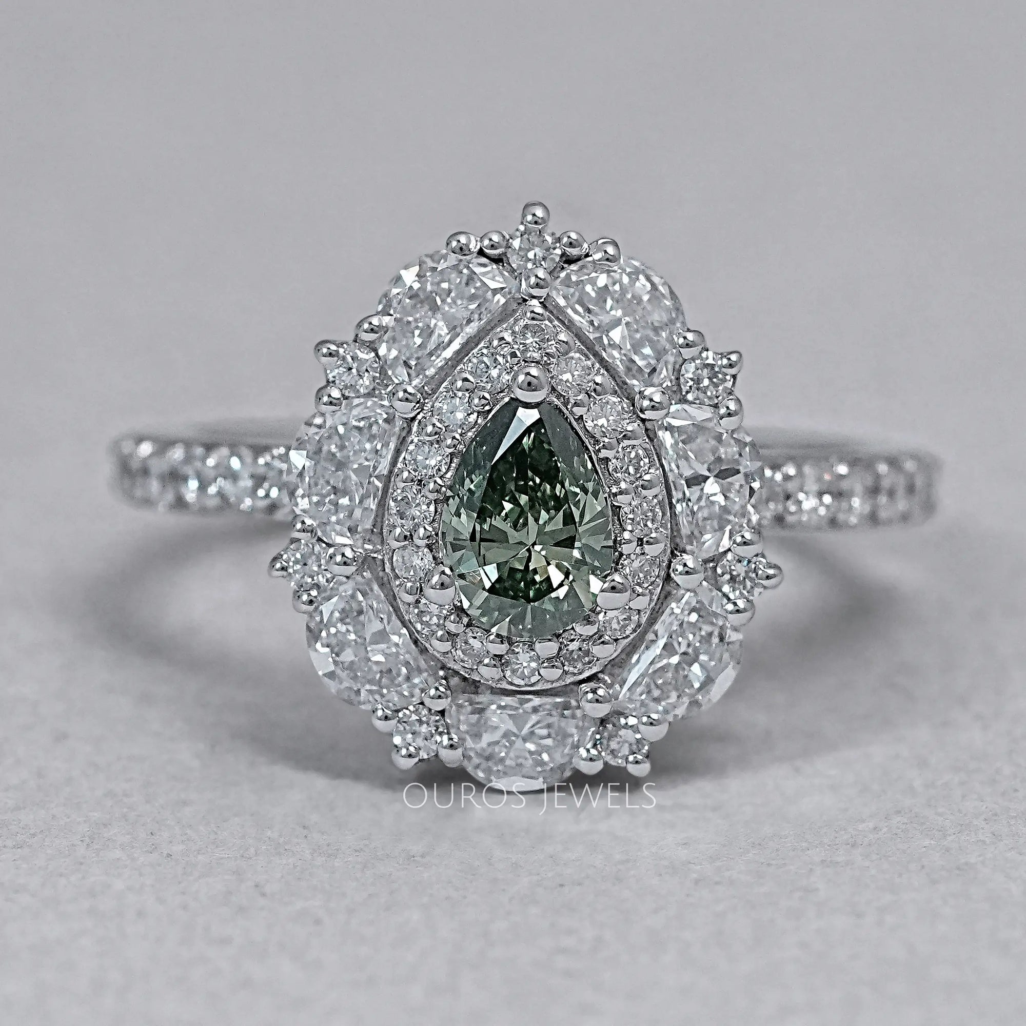 Green Pear Cut Surround Double Halo Diamond Engagement Ring Rings
