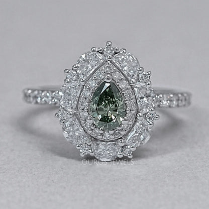 Green Pear Cut Surround Double Halo Diamond Engagement Ring Rings