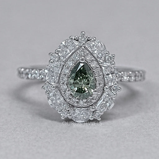 front view of green pear cut surround double halo diamond engagement ring