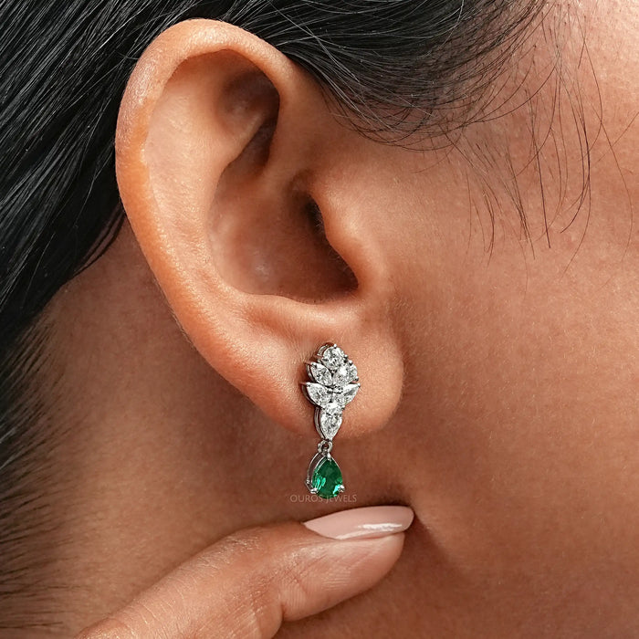 Green Emerald And Pear Diamond Cluster Earrings
