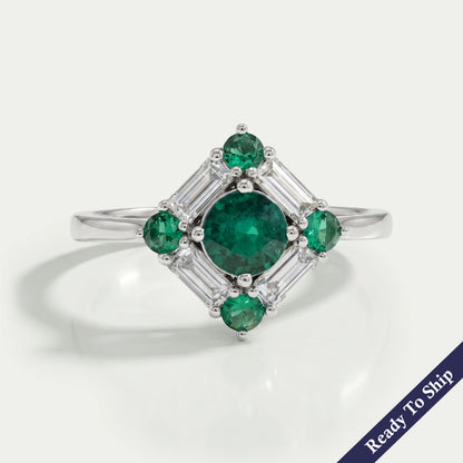 Green Round And Baguette Diamond Halo Engagement Ring
