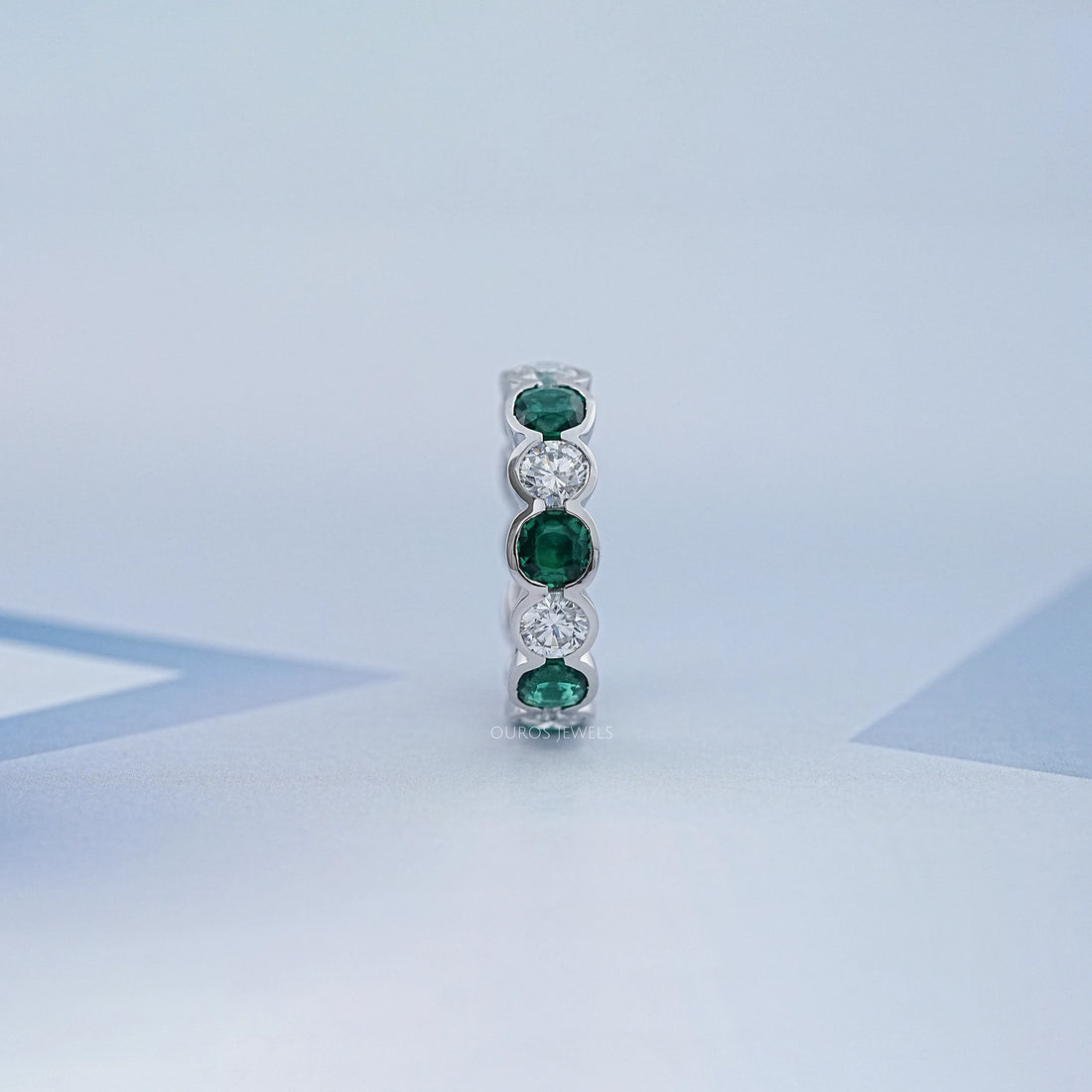 Green Zambian Cushion Half Bezel Wedding Band Ring