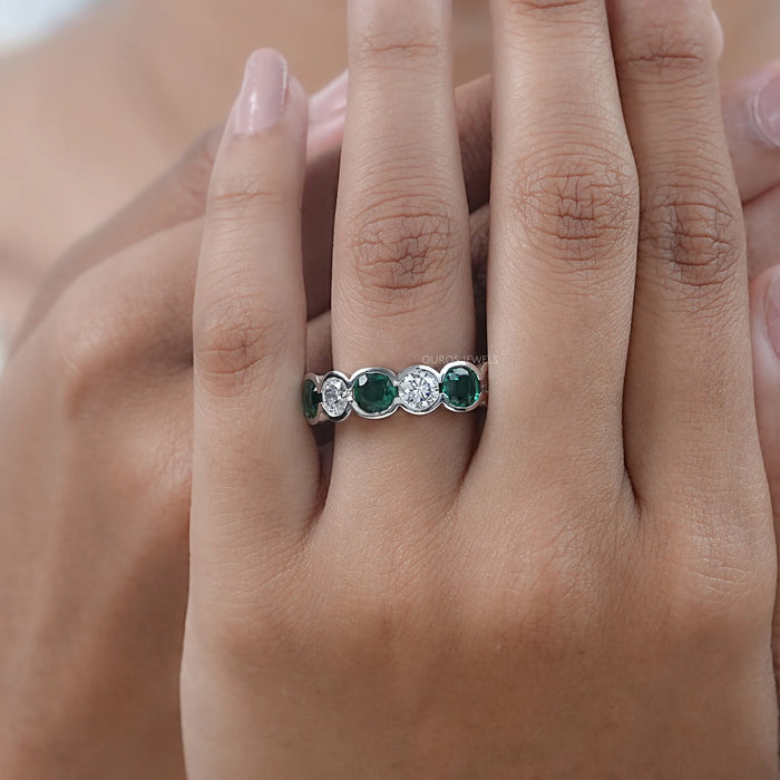 Green Zambian Cushion Half Bezel Wedding Band