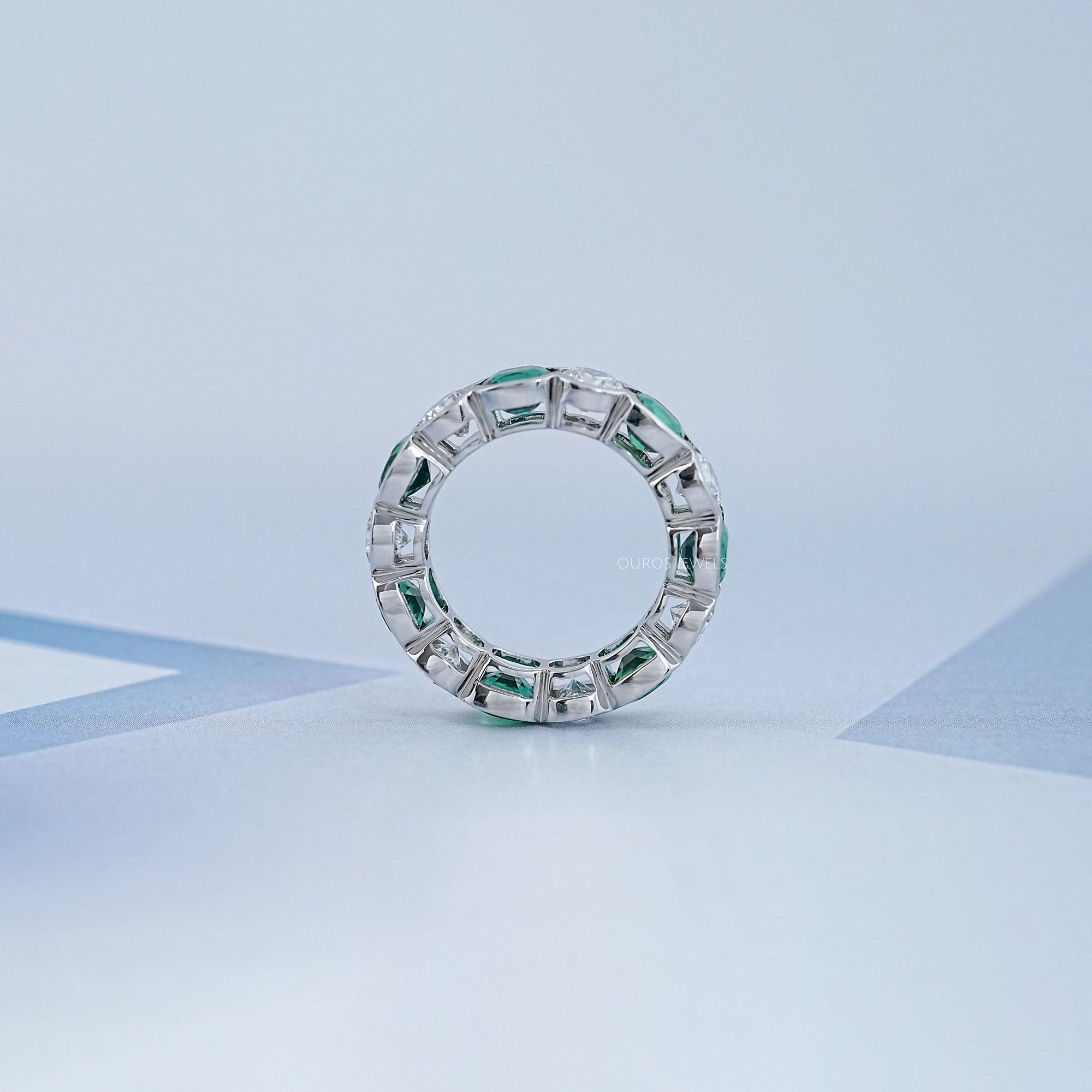 Green Zambian Cushion Half Bezel Wedding Band Ring