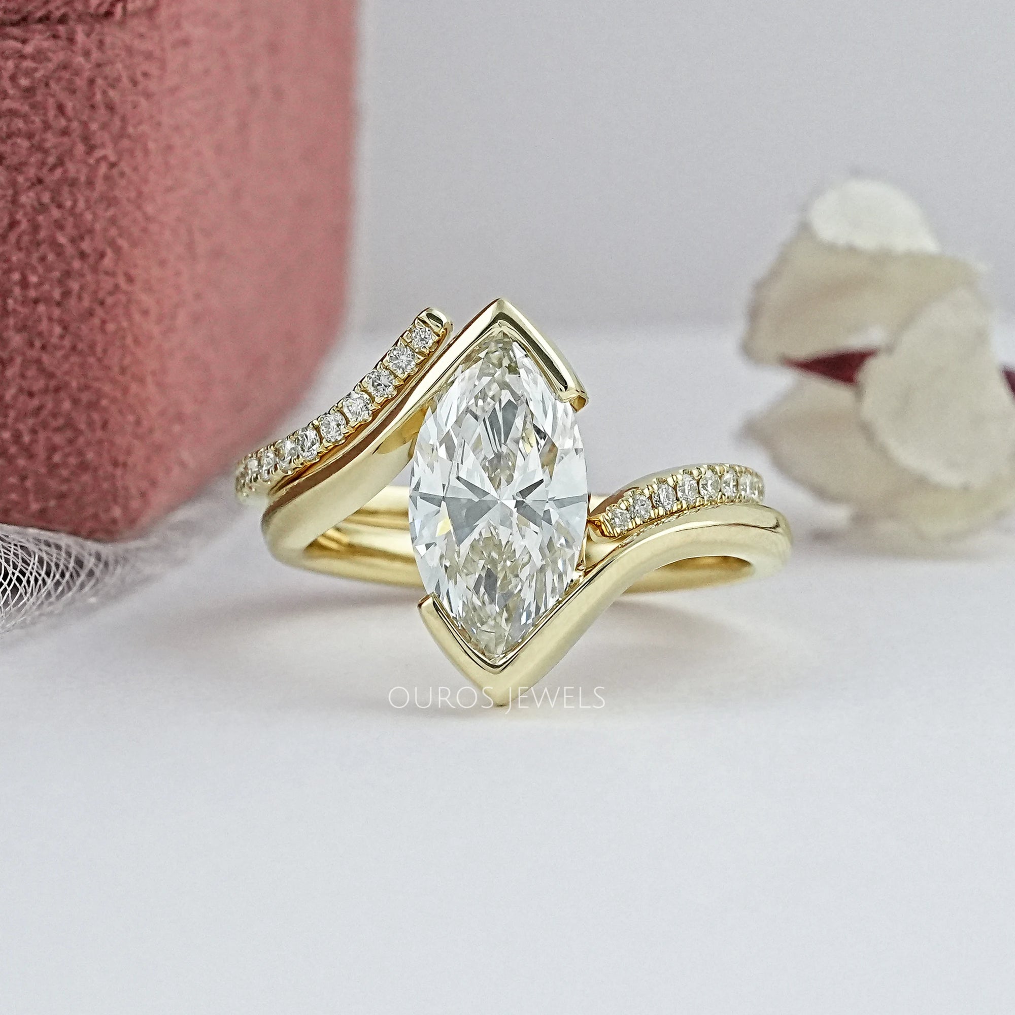 Half Bezel Marquise Lab Diamond Curved Ring Set Rings