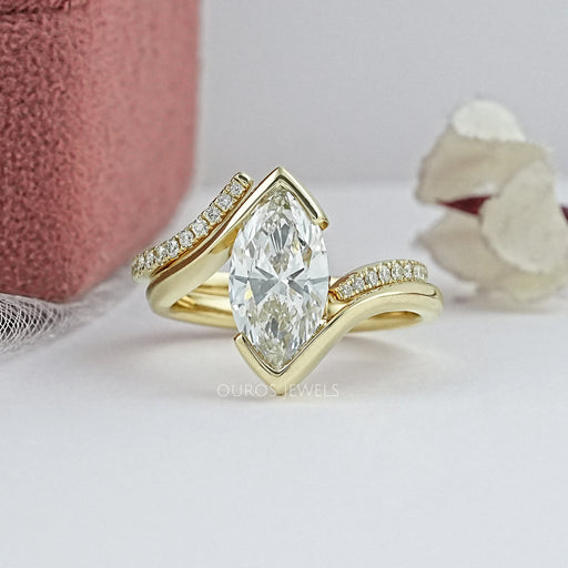 Half Bezel Marquise Lab Diamond Curved Ring Set Rings