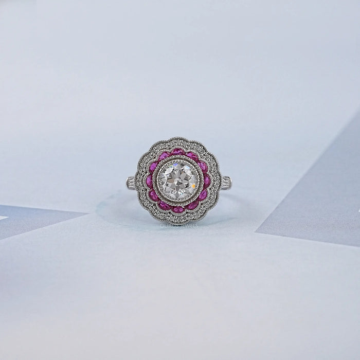 Old European Round Cut & Pink Halo Half Moon Gemstone Ring