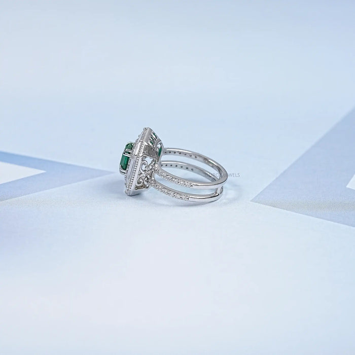 Green Asscher Gemstone Halo Ring