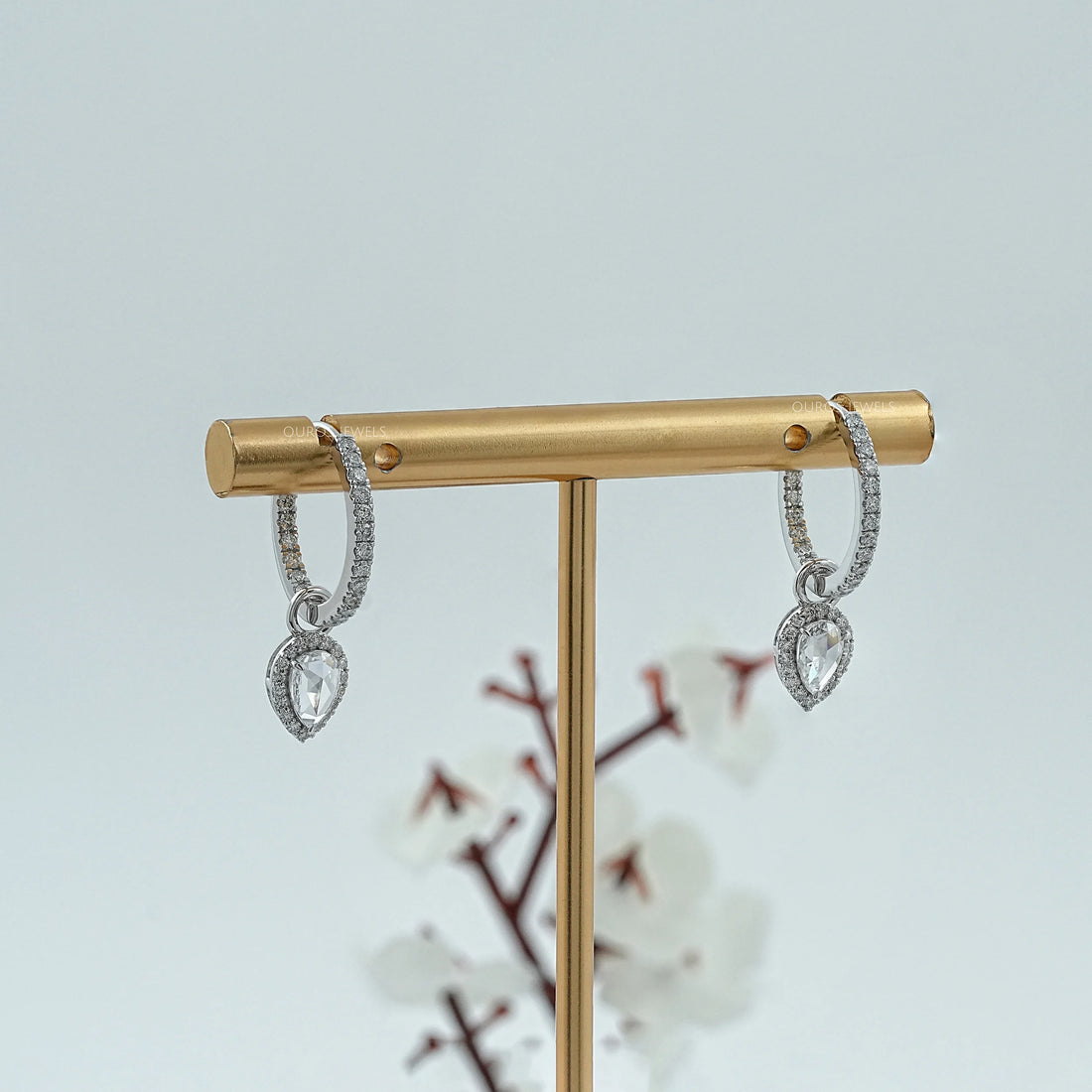 Rose Cut Pear Diamond Halo Charm Hoop Earrings Earring