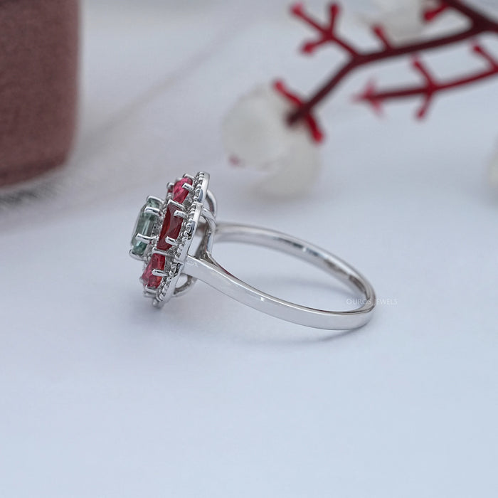 Alexandrite Hexagon Gemstone Double Halo Engagement Ring