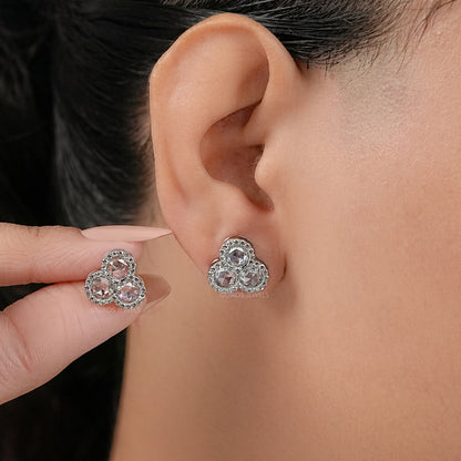 Trio Rose Cut Round Diamond Halo Stud Earrings Earring
