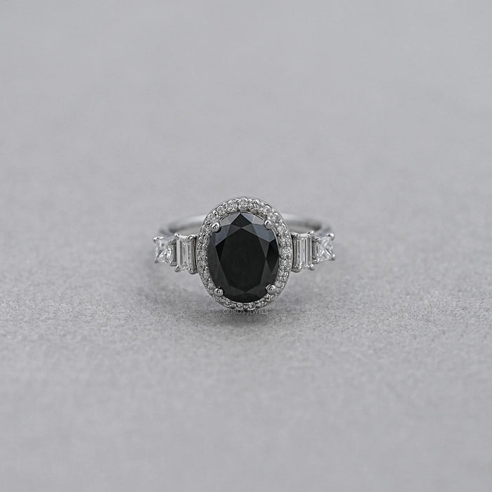 Black Oval Cut Halo With Accent Diamond Ring