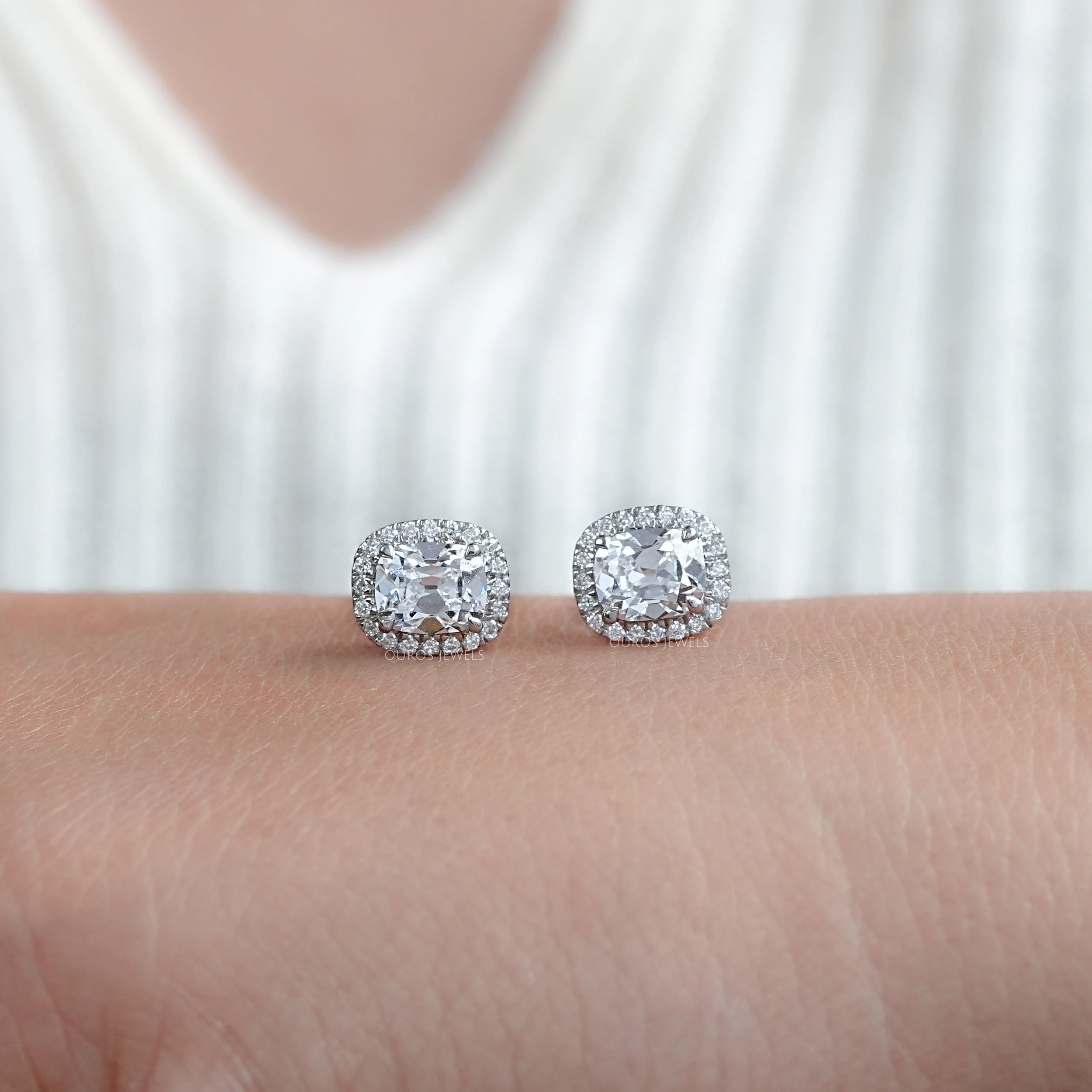 Cushion Cut Halo Stud Earrings With Old Mine