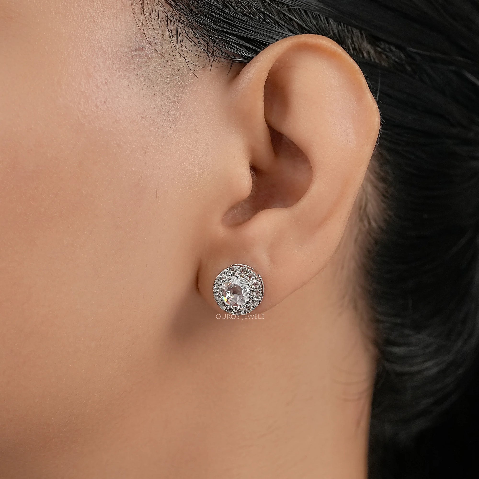 Rose Cut Round Diamond Halo Stud Earrings Earring