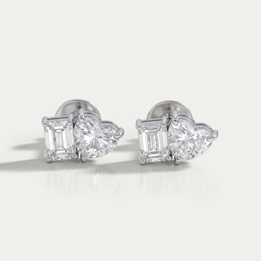 Heart And Emerald Diamond Minimal Two Stone Studs Earrings