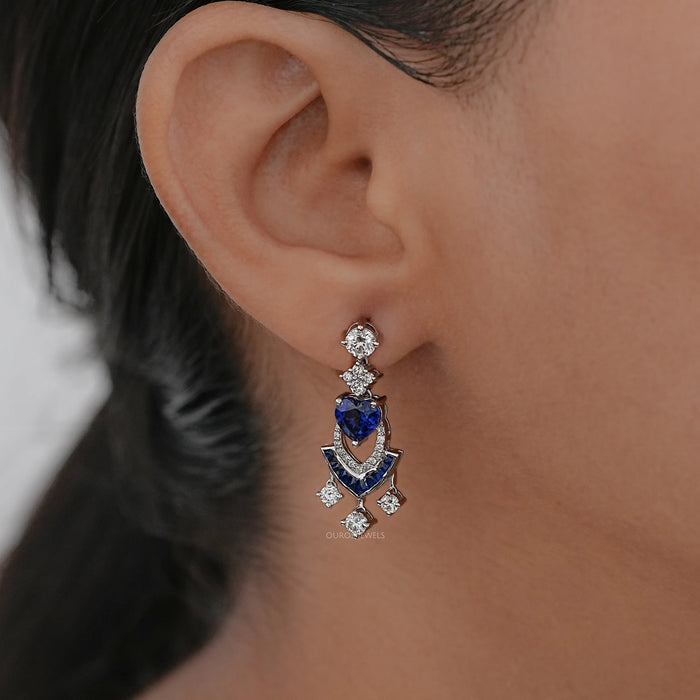 Sapphire Heart And Round Cut Cluster Drop Dangle Earrings