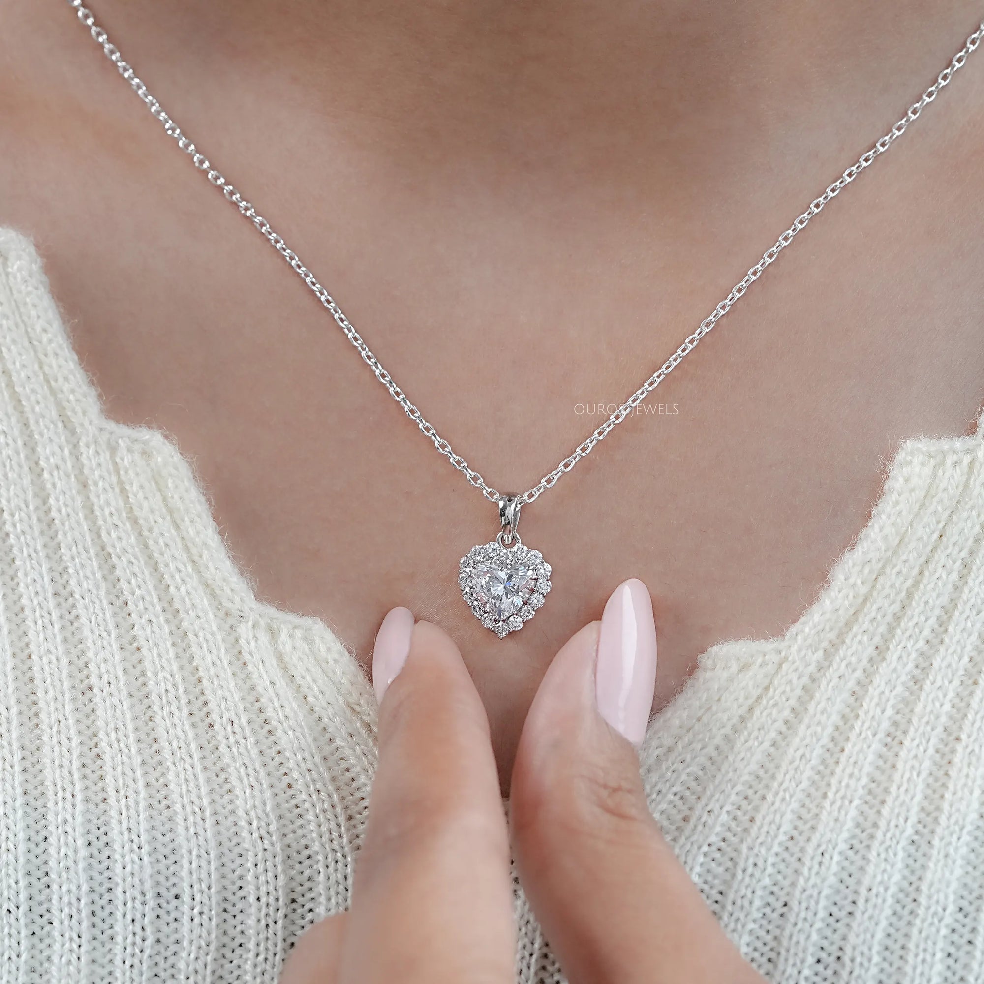 Heart Shape Lab Grown Diamond Halo Pendant Necklaces